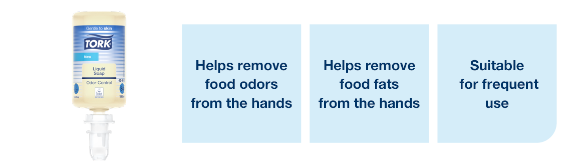 Remove food odor and fats with Tork odor control liquid soap