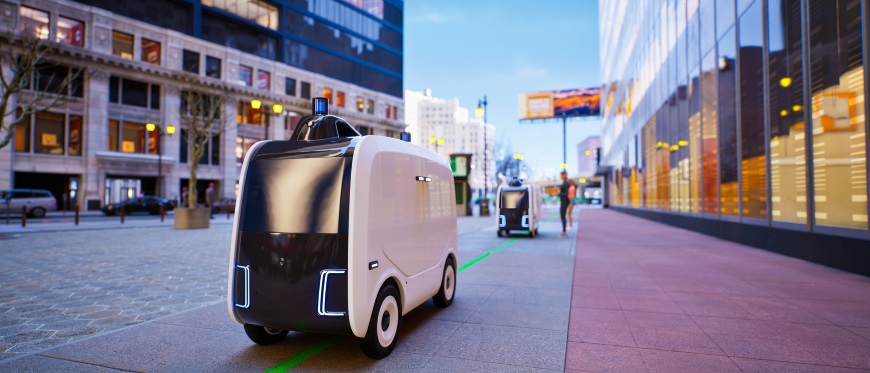Autonomous delivery robot driverless on street, Smart vehicle technology concept